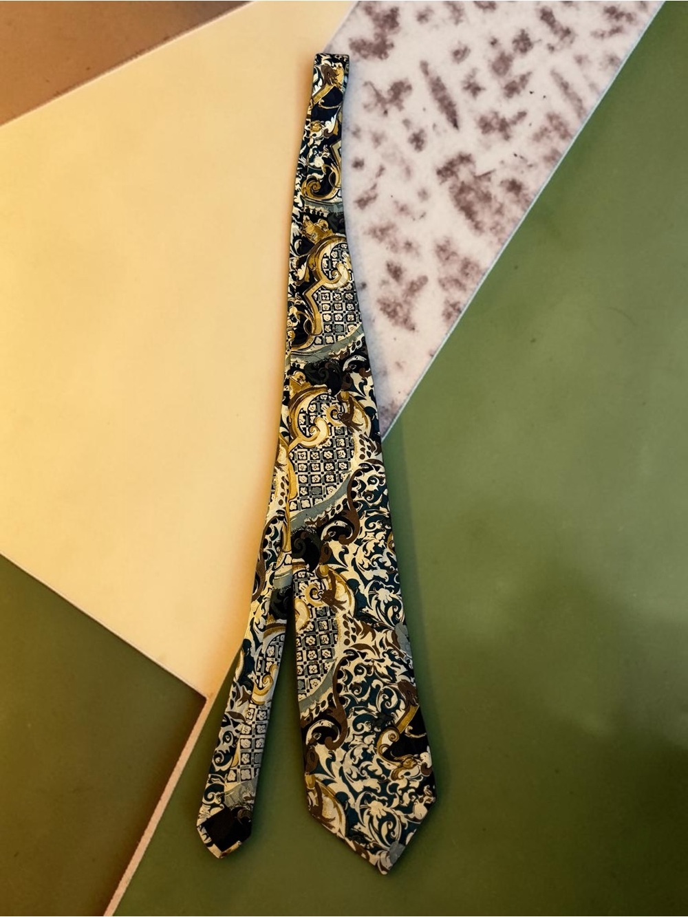 Vintage Hunting Horn Necktie Baroque Scroll Navy Gold Tile